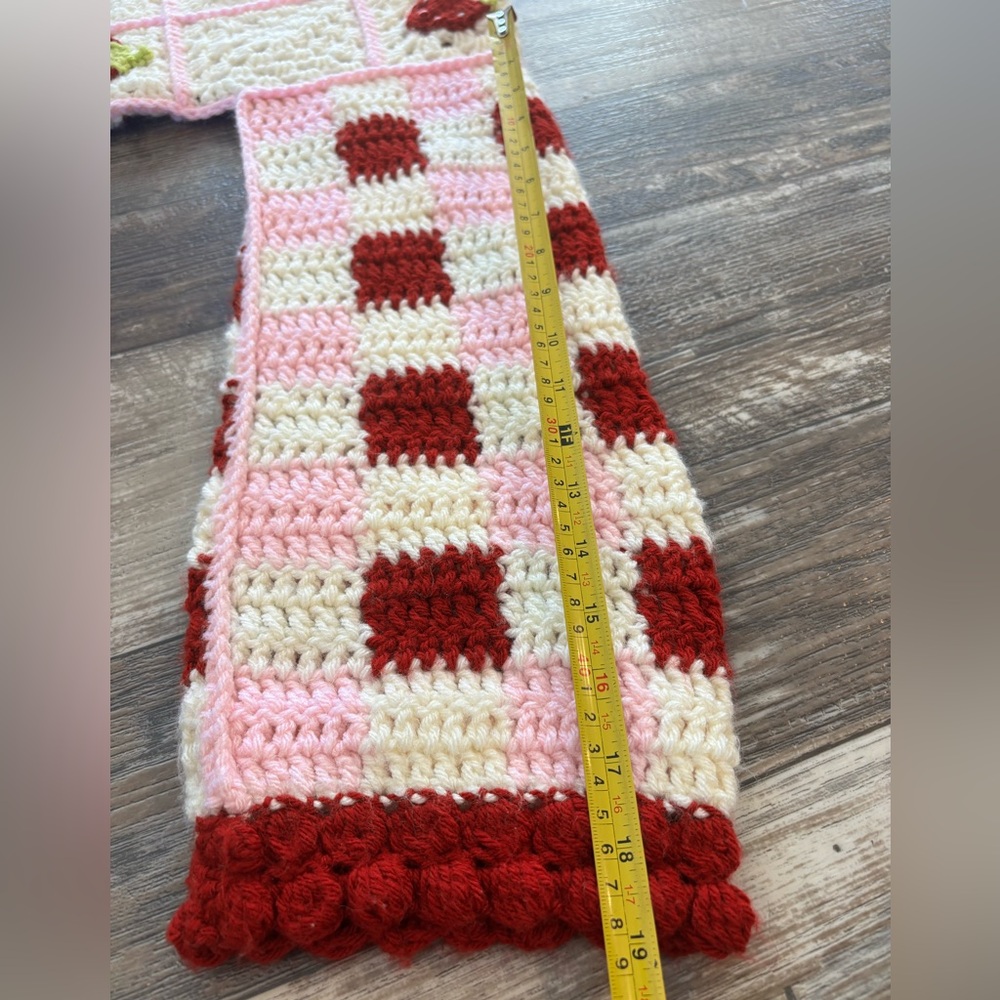 Handmade Crochet Strawberry Picnic Cardigan Checkerboard Pattern - Picture 9 of 12